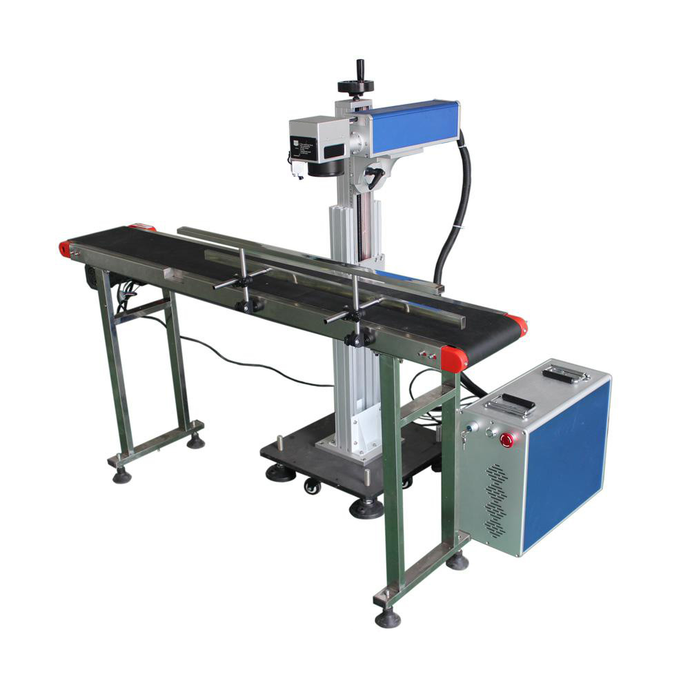 High efficiency online flying fiber laser marking machine with conveyor belt